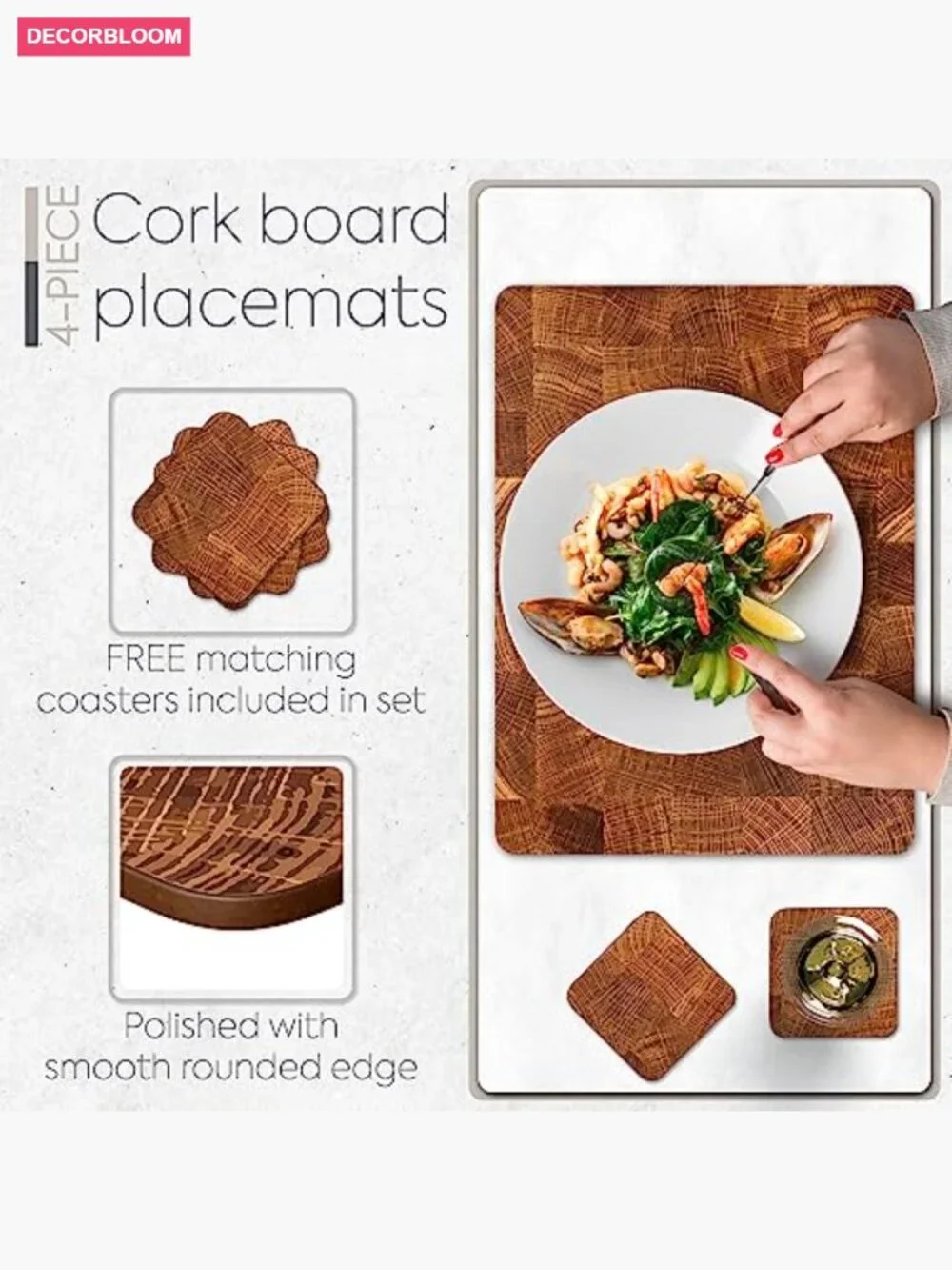 Set of 4 Heat Resistant Cork Placemats with 4 Coasters Marble Design